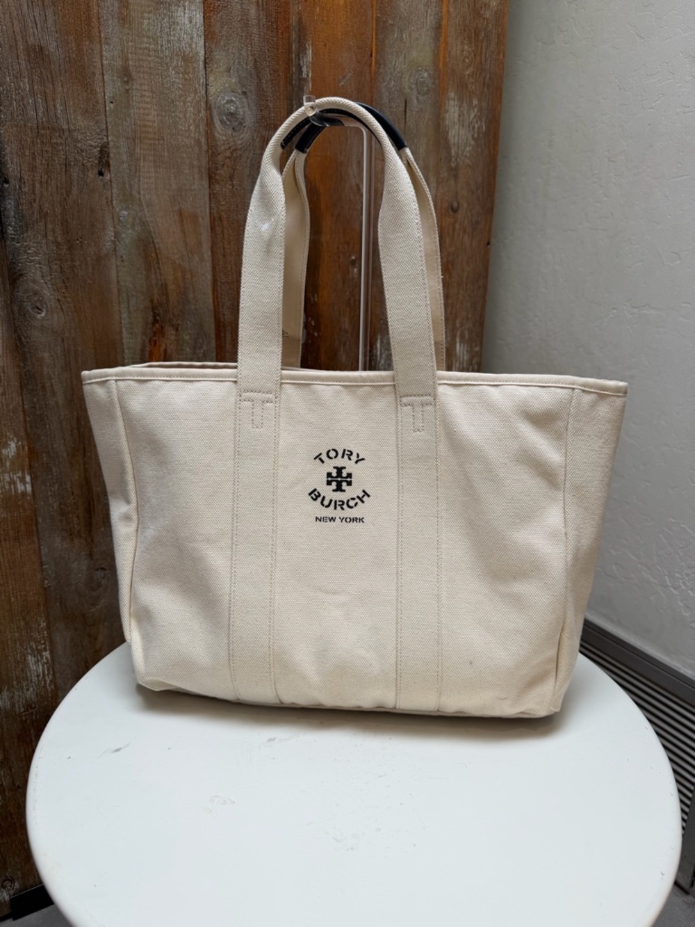 New Tory Burch Cream Canvas Logo Tote Bag